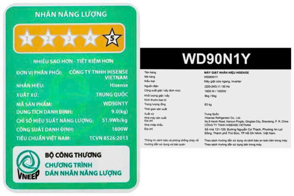 Máy giặt sấy Hisense Inverter giặt 9 kg – sấy 6 kg WD90N1Y